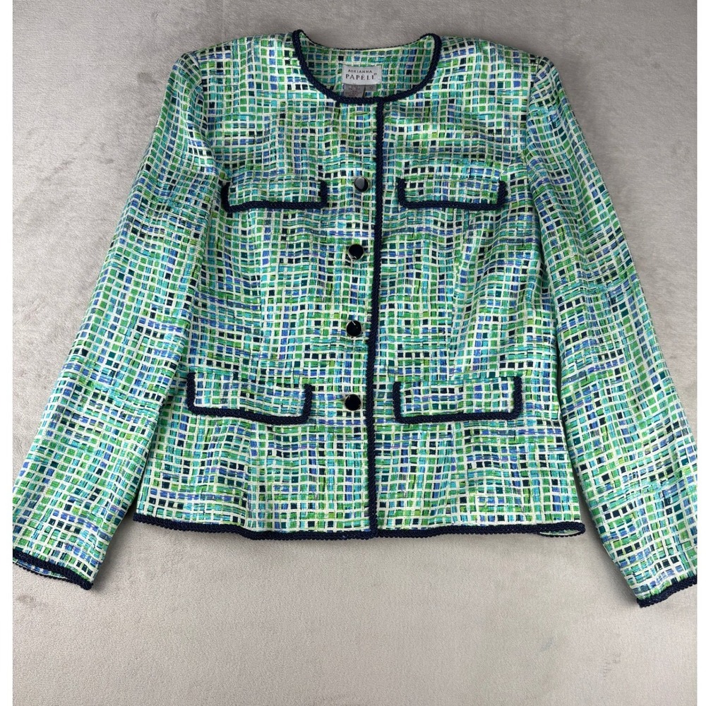 Adrianna Papell Silk Blazer Green Blue Grid Tweed Jacket Navy Trim Size 12